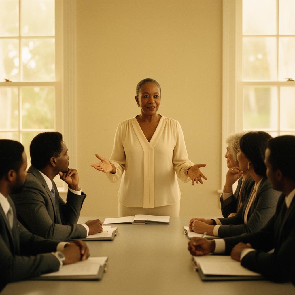 From Quiet Contributor to Confident Leader — after: She facilitates the room. The room listens.